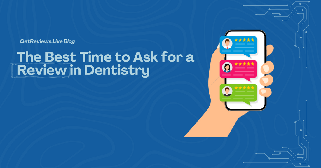 Illustration of a hand holding a phone showing star-rated reviews, used in a GetReviews.Live blog about The Best Time to Ask for a Review in Dentistry