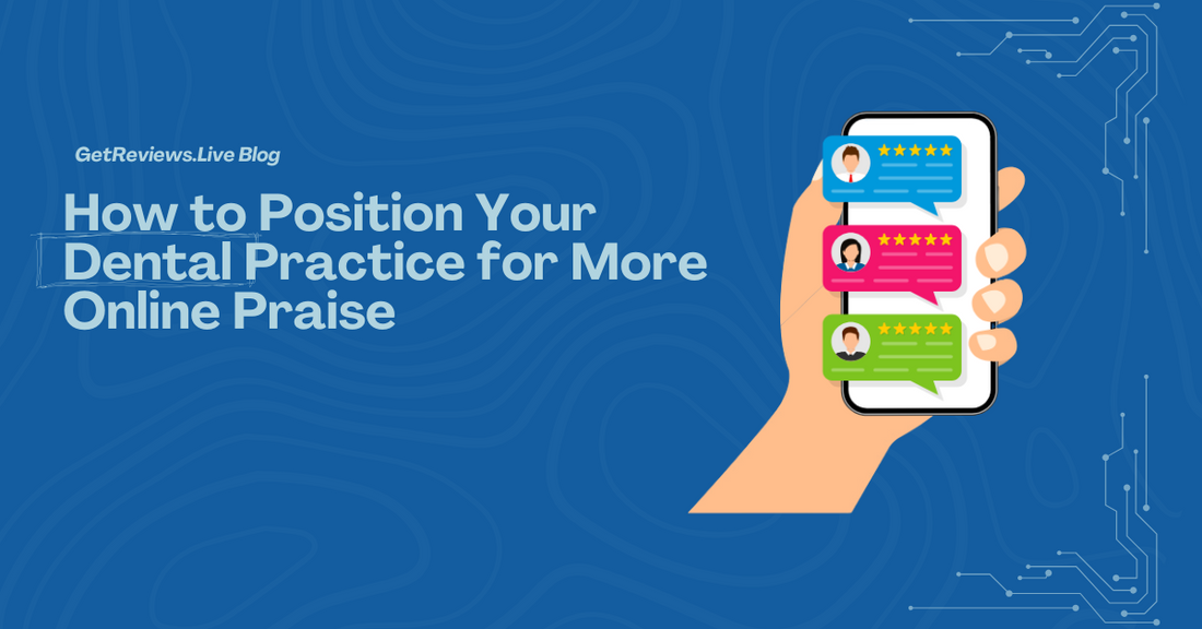Illustration of a hand holding a phone showing star-rated reviews, used in a GetReviews.Live blog about How to Position Your Dental Practice for More Online Praise