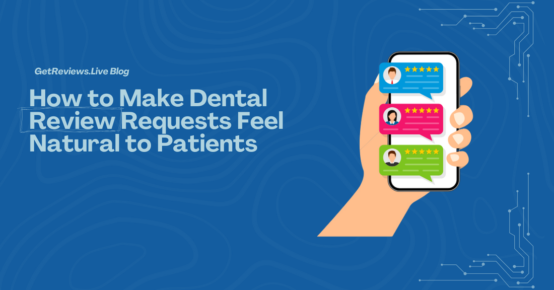 Illustration of a hand holding a phone showing star-rated reviews, used in a GetReviews.Live blog about How to Make Dental Review Requests Feel Natural to Patients