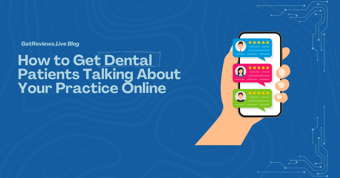 Illustration of a hand holding a phone showing star-rated reviews, used in a GetReviews.Live blog about How to Get Dental Patients Talking About Your Practice Online