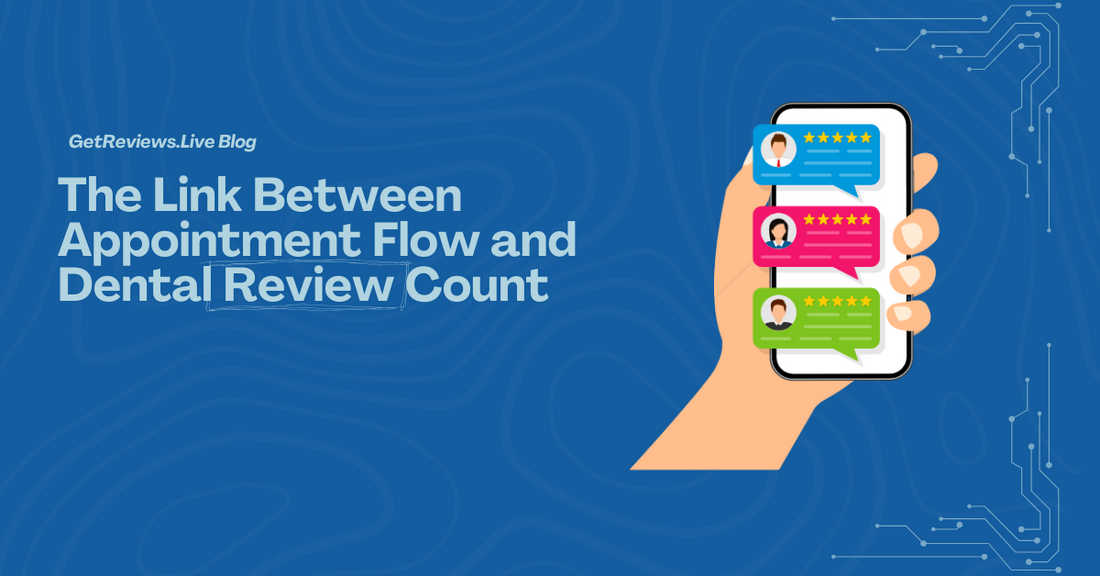 Illustration of a hand holding a phone showing star-rated reviews, used in a GetReviews.Live blog about The Link Between Appointment Flow and Dental Review Count