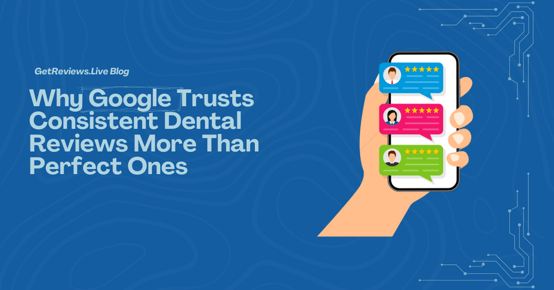 Illustration of a hand holding a phone showing star-rated reviews, used in a GetReviews.Live blog about Why Google Trusts Consistent Dental Reviews More Than Perfect Ones