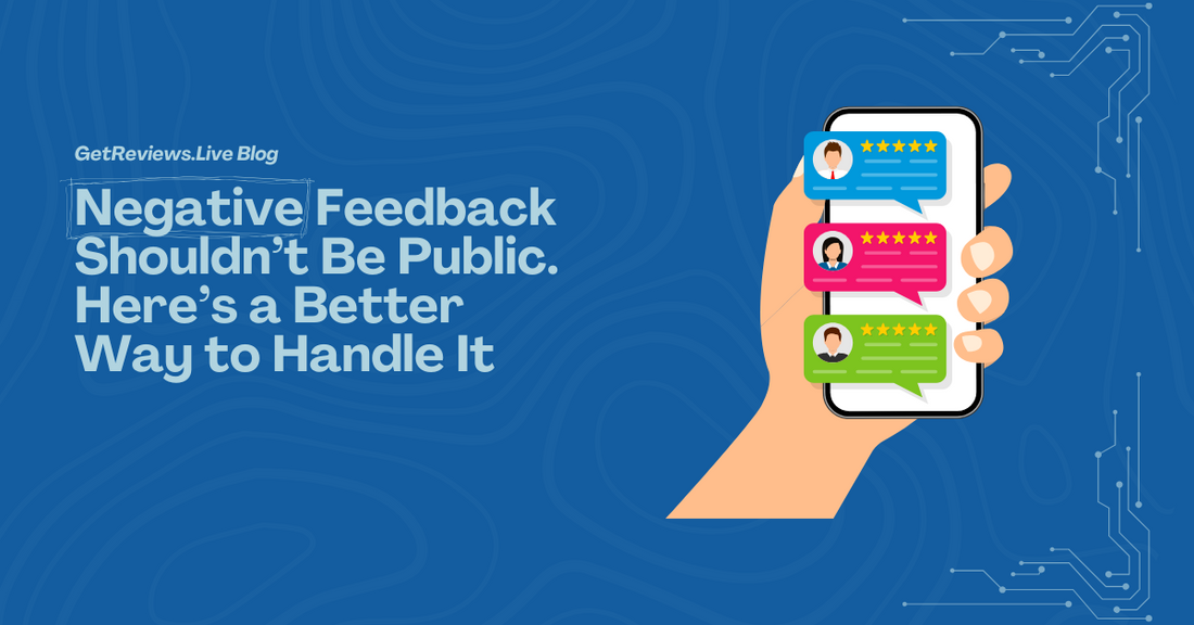Illustration of a hand holding a phone showing star-rated reviews, used in a GetReviews.Live blog about Negative Feedback Shouldn’t Be Public. Here’s a Better Way to Handle It