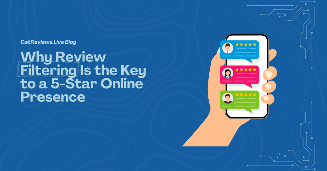 Illustration of a hand holding a phone showing star-rated reviews, used in a GetReviews.Live blog about Why Review Filtering Is the Key to a 5-Star Online Presence