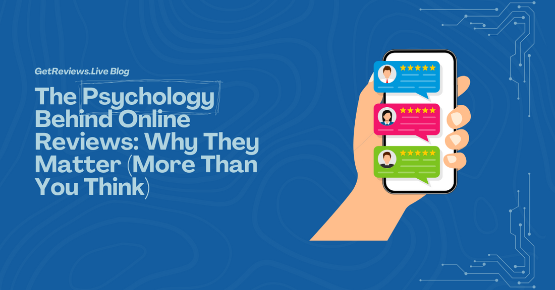 Illustration of a hand holding a phone showing star-rated reviews, used in a GetReviews.Live blog about The Psychology Behind Online Reviews: Why They Matter (More Than You Think)