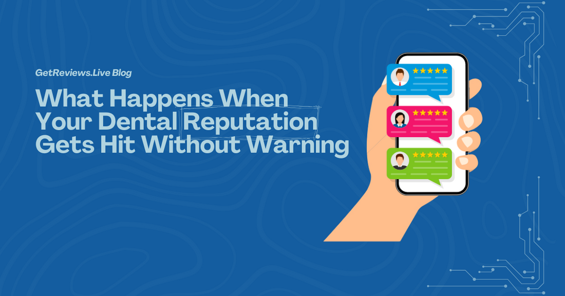 Illustration of a hand holding a phone showing star-rated reviews, used in a GetReviews.Live blog about What Happens When Your Dental Reputation Gets Hit Without Warning