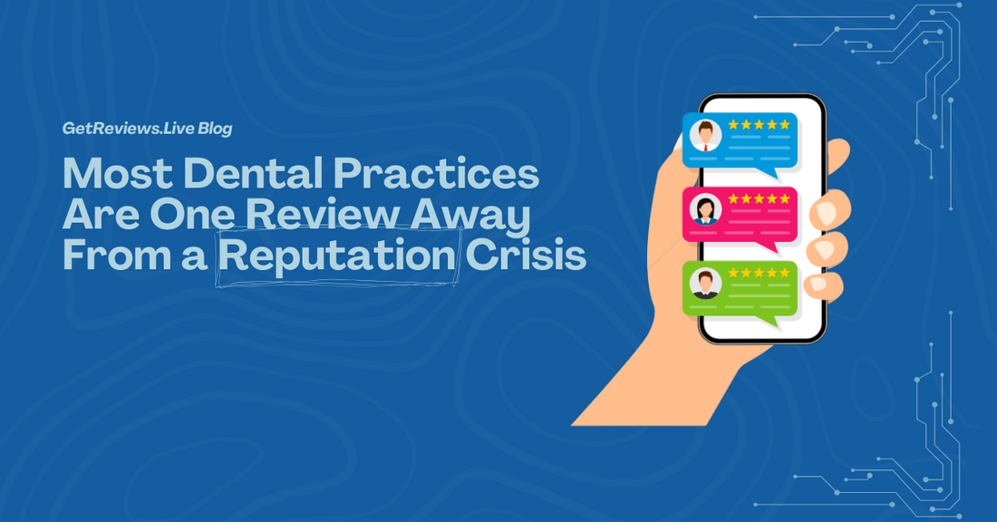 Illustration of a hand holding a phone showing star-rated reviews, used in a GetReviews.Live blog about What Happens When Your Dental Reputation Gets Hit Without Warning