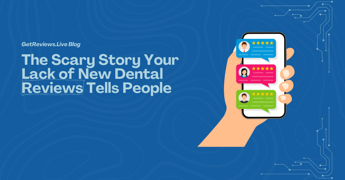 Illustration of a hand holding a phone showing star-rated reviews, used in a GetReviews.Live blog about The Scary Story Your Lack of New Dental Reviews Tells People