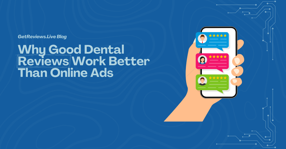 Illustration of a hand holding a phone showing star-rated reviews, used in a GetReviews.Live blog about Why Good Dental Reviews Work Better Than Online Ads