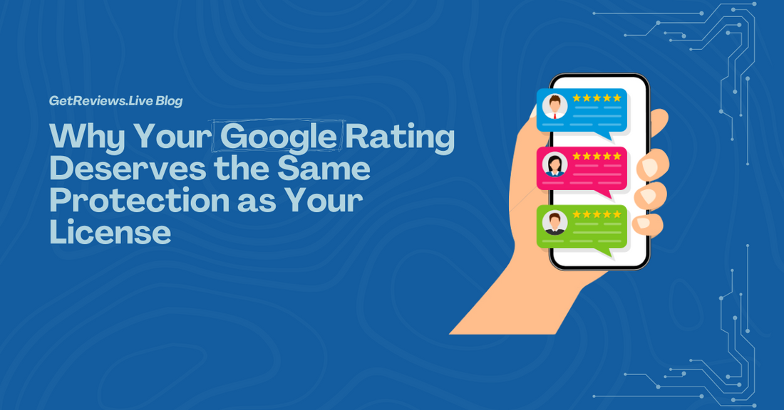 Illustration of a hand holding a phone showing star-rated reviews, used in a GetReviews.Live blog about Why Your Google Rating Deserves the Same Protection as Your License