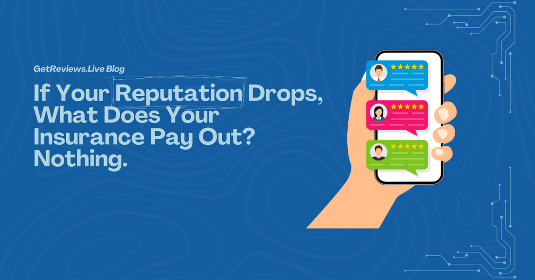 Illustration of a hand holding a phone showing star-rated reviews, used in a GetReviews.Live blog about If Your Reputation Drops, What Does Your Insurance Pay Out? Nothing.