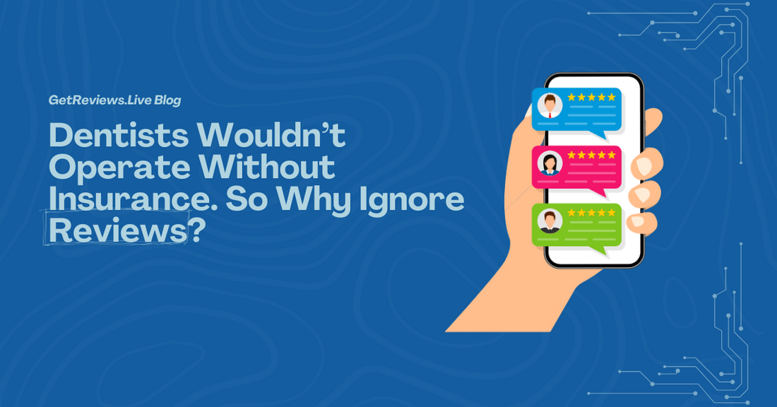 Illustration of a hand holding a phone showing star-rated reviews, used in a GetReviews.Live blog about Dentists Wouldn’t Operate Without Insurance. So Why Ignore Reviews?