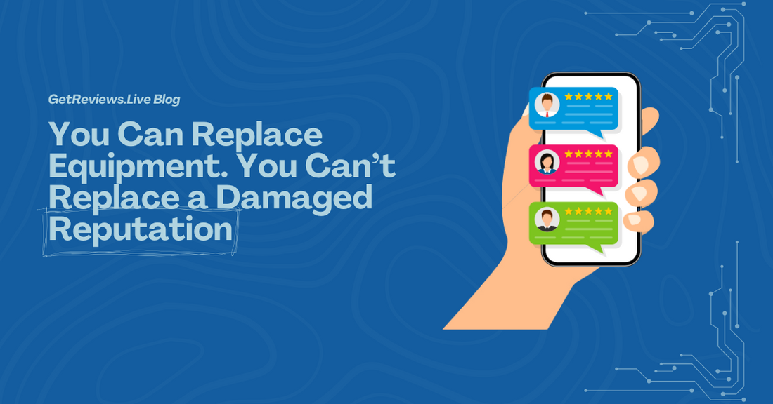 Illustration of a hand holding a phone showing star-rated reviews, used in a GetReviews.Live blog about You Can Replace Equipment. You Can’t Replace a Damaged Reputation