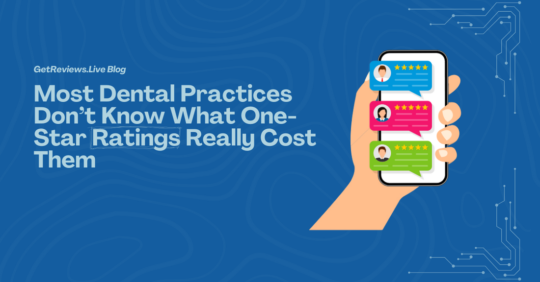 Illustration of a hand holding a phone showing star-rated reviews, used in a GetReviews.Live blog about Most Dental Practices Don’t Know What One-Star Ratings Really Cost Them