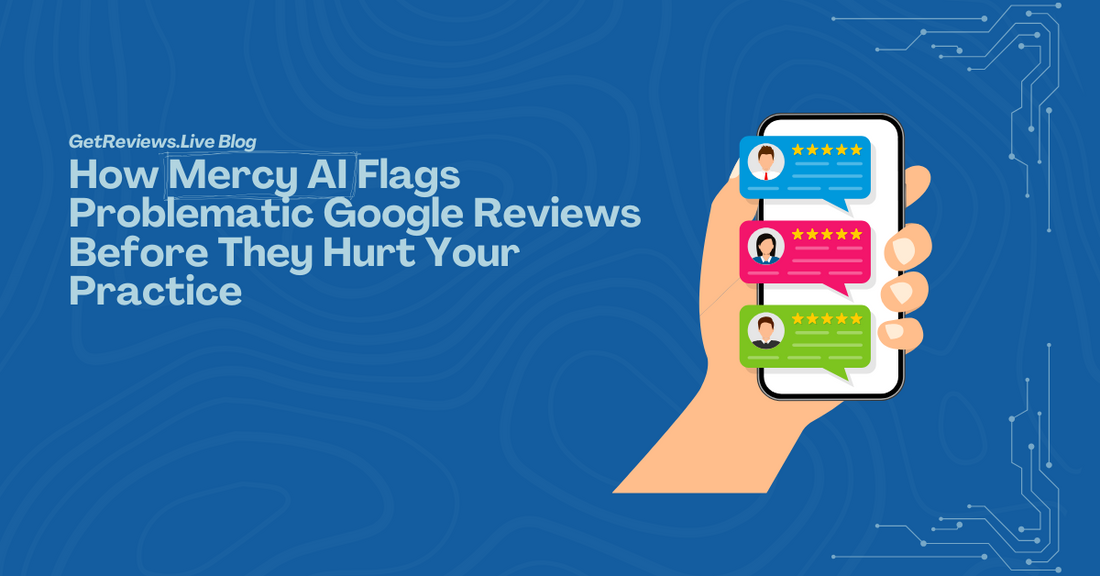 Illustration of a hand holding a phone showing star-rated reviews, used in a GetReviews.Live blog about How Mercy AI Flags Problematic Google Reviews Before They Hurt Your Practice