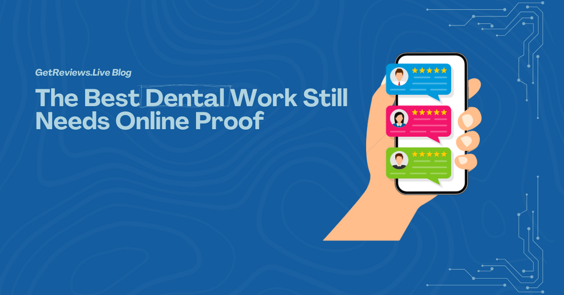 Illustration of a hand holding a phone showing star-rated reviews, used in a GetReviews.Live blog about The Best Dental Work Still Needs Online Proof