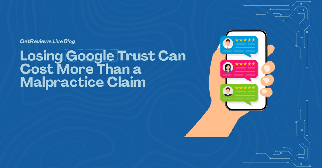 Illustration of a hand holding a phone showing star-rated reviews, used in a GetReviews.Live blog about Losing Google Trust Can Cost More Than a Malpractice Claim