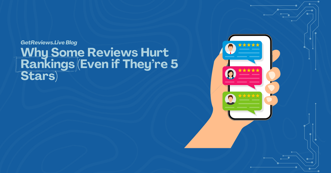 Illustration of a hand holding a phone showing star-rated reviews, used in a GetReviews.Live blog about Why Some Reviews Hurt Rankings (Even if They’re 5 Stars)
