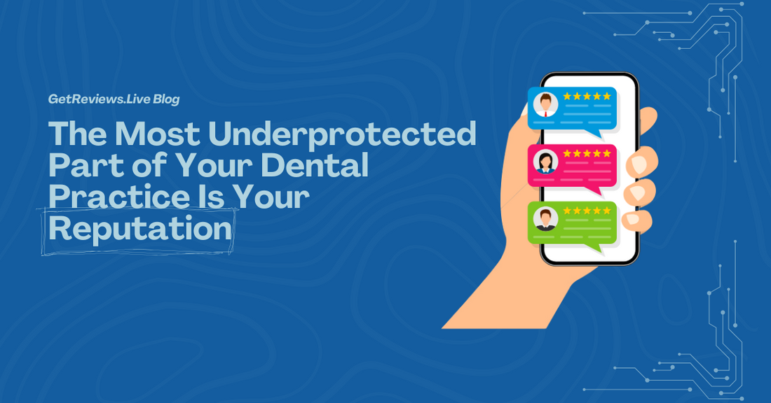Illustration of a hand holding a phone showing star-rated reviews, used in a GetReviews.Live blog about The Most Underprotected Part of Your Dental Practice Is Your Reputation