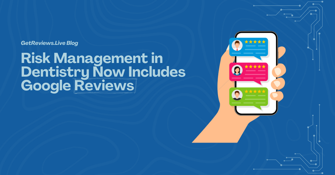 Illustration of a hand holding a phone showing star-rated reviews, used in a GetReviews.Live blog about Risk Management in Dentistry Now Includes Google Reviews
