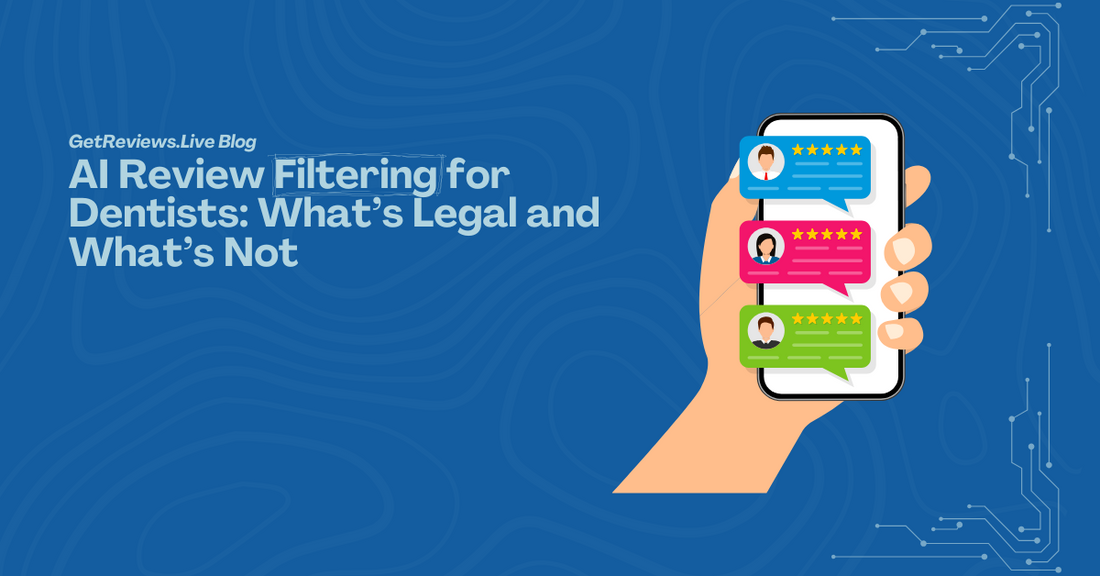 Illustration of a hand holding a phone showing star-rated reviews, used in a GetReviews.Live blog about AI Review Filtering for Dentists: What’s Legal and What’s Not