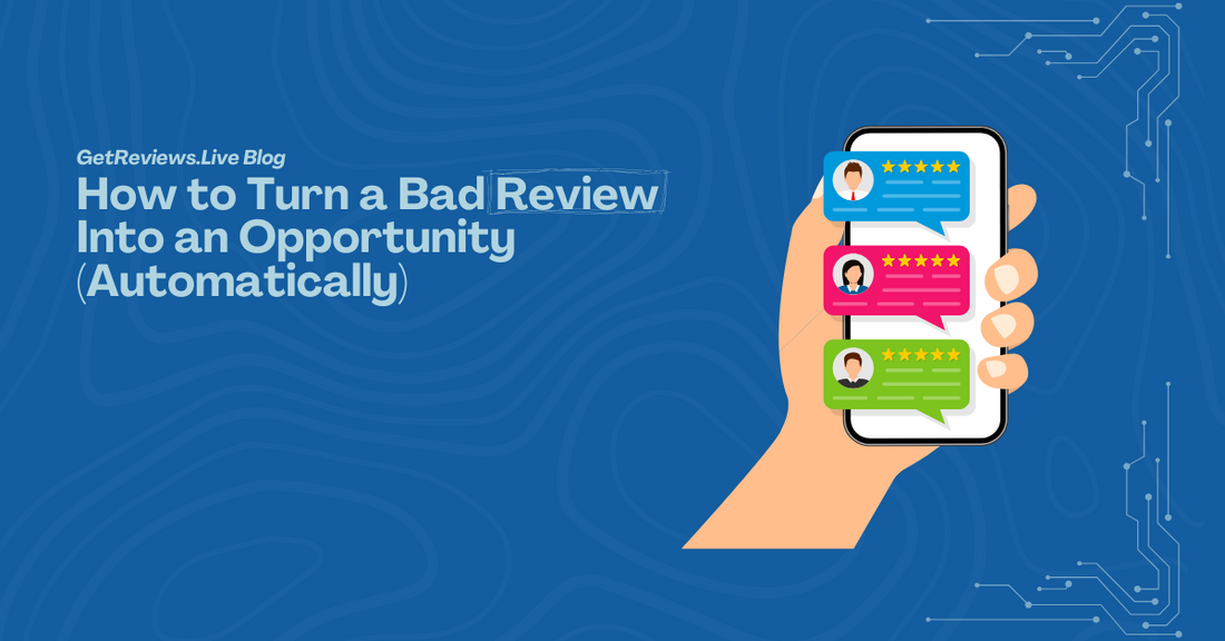Illustration of a hand holding a phone showing star-rated reviews, used in a GetReviews.Live blog about How to Turn a Bad Review Into an Opportunity (Automatically)