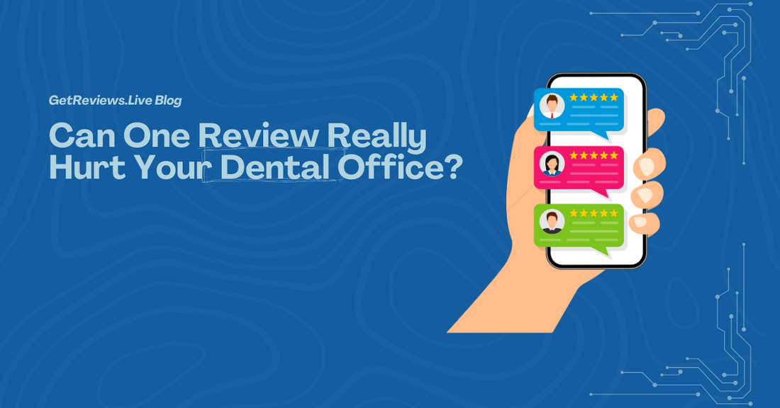 Illustration of a hand holding a phone showing star-rated reviews, used in a GetReviews.Live blog about Can One Review Really Hurt Your Dental Office?