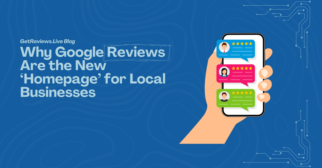 Illustration of a hand holding a phone showing star-rated reviews, used in a GetReviews.Live blog about Why Google Reviews Are the New ‘Homepage’ for Local Businesses