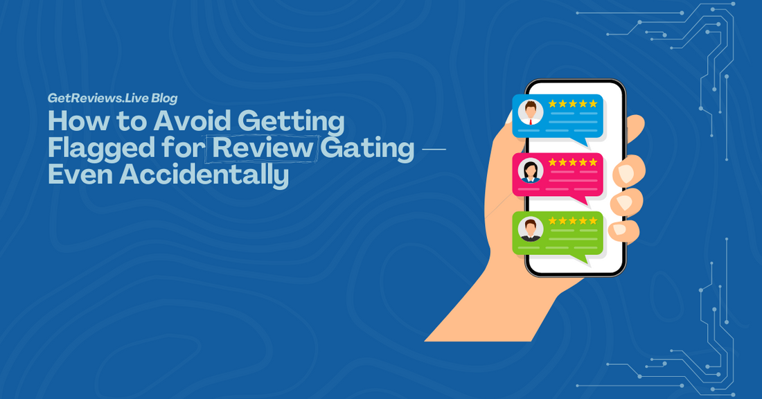 Illustration of a hand holding a phone showing star-rated reviews, used in a GetReviews.Live blog about How to Avoid Getting Flagged for Review Gating — Even Accidentally