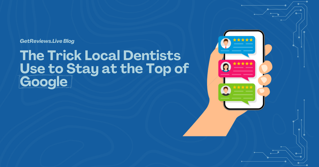 Illustration of a hand holding a phone showing star-rated reviews, used in a GetReviews.Live blog about The Trick Local Dentists Use to Stay at the Top of Google