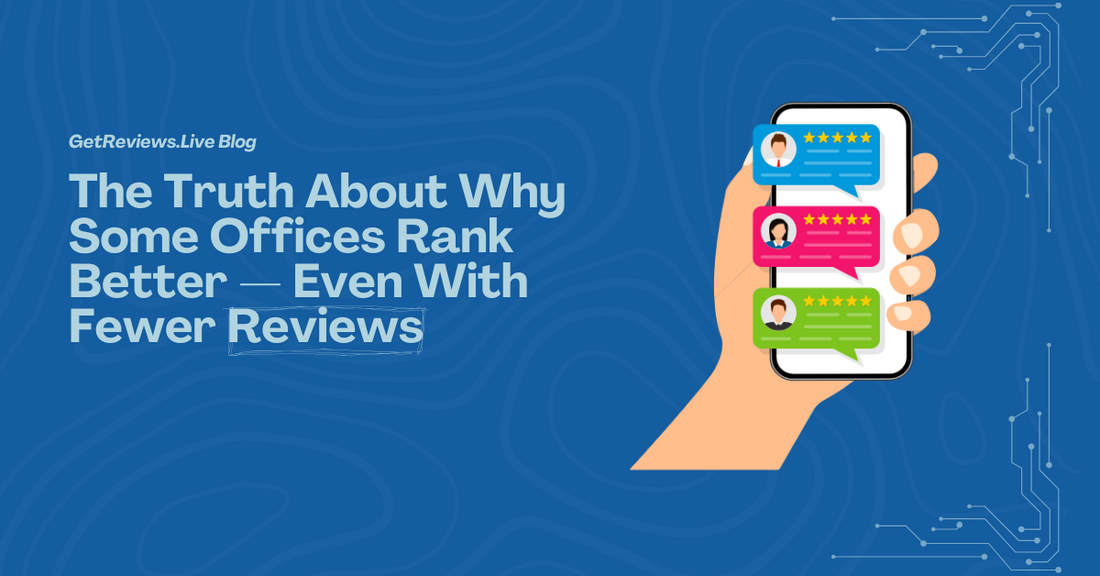 Illustration of a hand holding a phone showing star-rated reviews, used in a GetReviews.Live blog about The Truth About Why Some Offices Rank Better — Even With Fewer Reviews