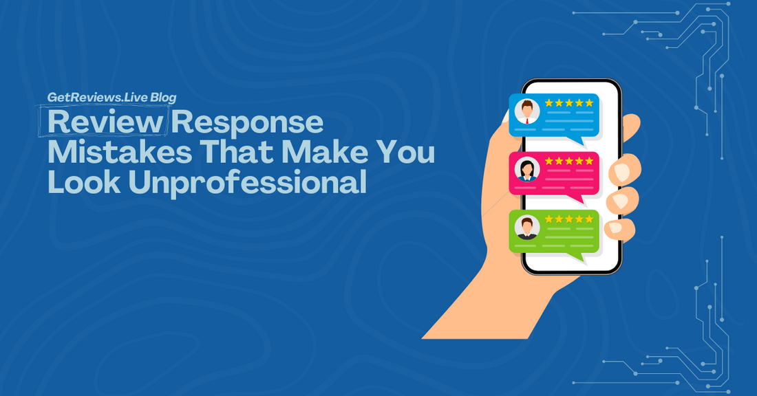 Illustration of a hand holding a phone showing star-rated reviews, used in a GetReviews.Live blog about Review Response Mistakes That Make You Look Unprofessional
