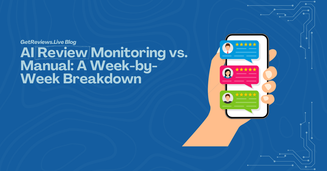 Illustration of a hand holding a phone showing star-rated reviews, used in a GetReviews.Live blog about AI Review Monitoring vs. Manual: A Week-by-Week Breakdown