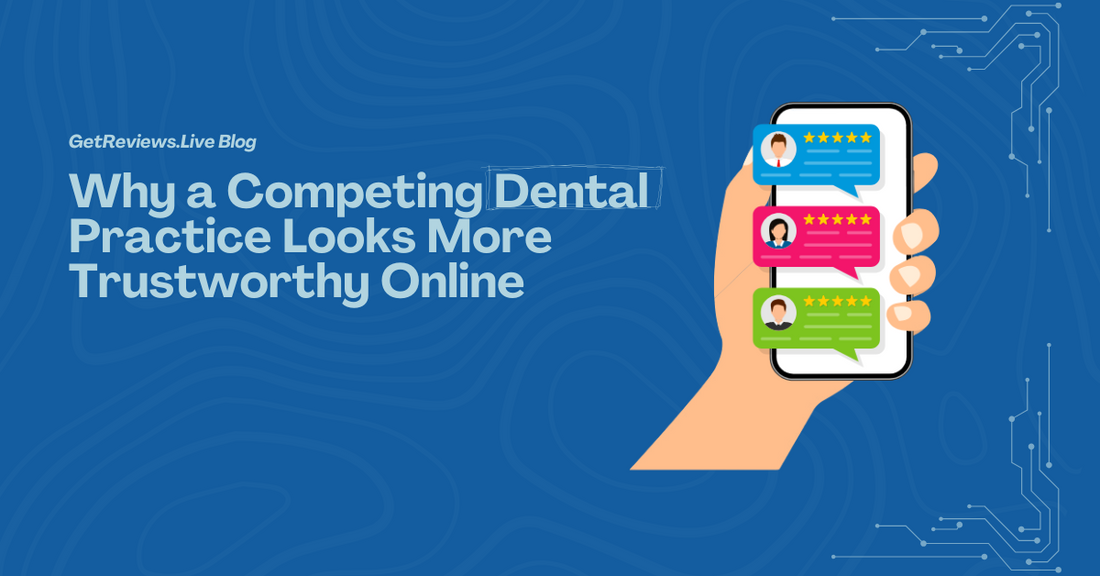 Illustration of a hand holding a phone showing star-rated reviews, used in a GetReviews.Live blog about Why a Competing Dental Practice Looks More Trustworthy Online