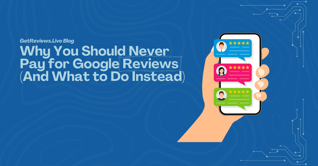 Illustration of a hand holding a phone showing star-rated reviews, used in a GetReviews.Live blog about Why You Should Never Pay for Google Reviews (And What to Do Instead)