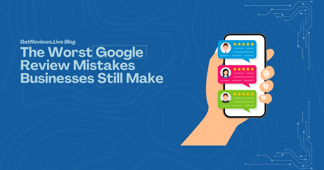 Illustration of a hand holding a phone showing star-rated reviews, used in a GetReviews.Live blog about The Worst Google Review Mistakes Businesses Still Make