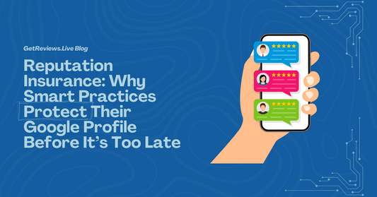 Illustration of a hand holding a phone showing star-rated reviews, used in a GetReviews.Live blog about Reputation Insurance: Why Smart Practices Protect Their Google Profile Before It’s Too Late