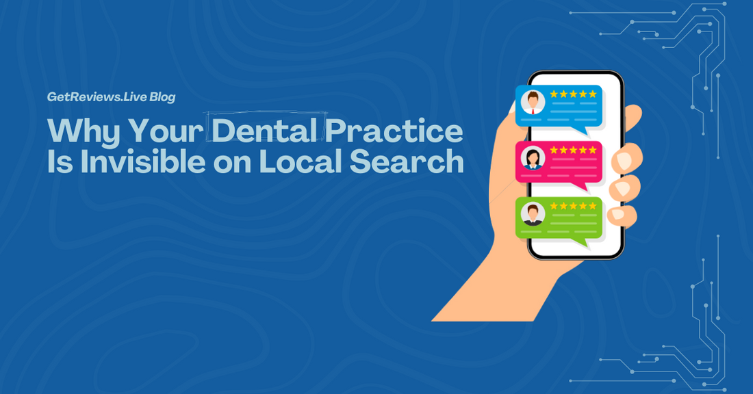 Illustration of a hand holding a phone showing star-rated reviews, used in a GetReviews.Live blog about Why Your Dental Practice Is Invisible on Local Search