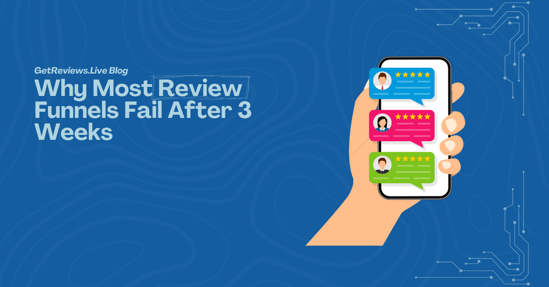 Illustration of a hand holding a phone showing star-rated reviews, used in a GetReviews.Live blog about Why Most Review Funnels Fail After 3 Weeks