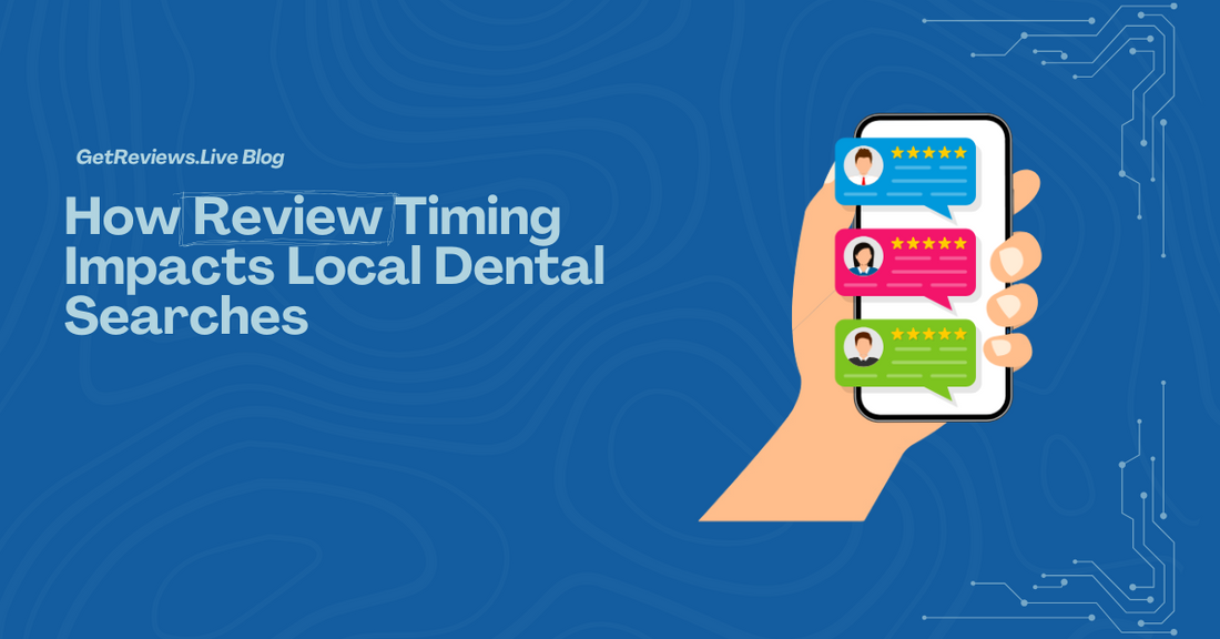 Illustration of a hand holding a phone showing star-rated reviews, used in a GetReviews.Live blog about How Review Timing Impacts Local Dental Searches