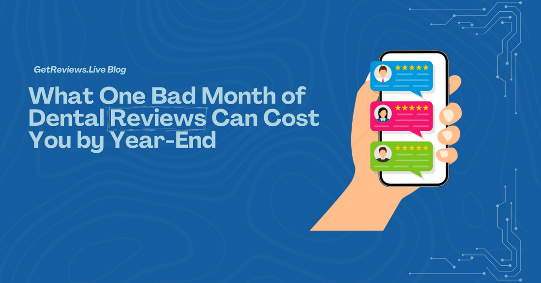 Illustration of a hand holding a phone showing star-rated reviews, used in a GetReviews.Live blog about What One Bad Month of Dental Reviews Can Cost You by Year-End
